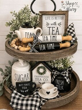 🆕 Farmhouse Mini Rolling Pin Hand Painted Tiered Tray Decor Tea Theme